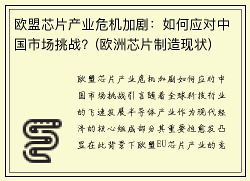欧盟芯片产业危机加剧：如何应对中国市场挑战？(欧洲芯片制造现状)
