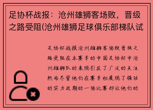 足协杯战报：沧州雄狮客场败，晋级之路受阻(沧州雄狮足球俱乐部梯队试训)